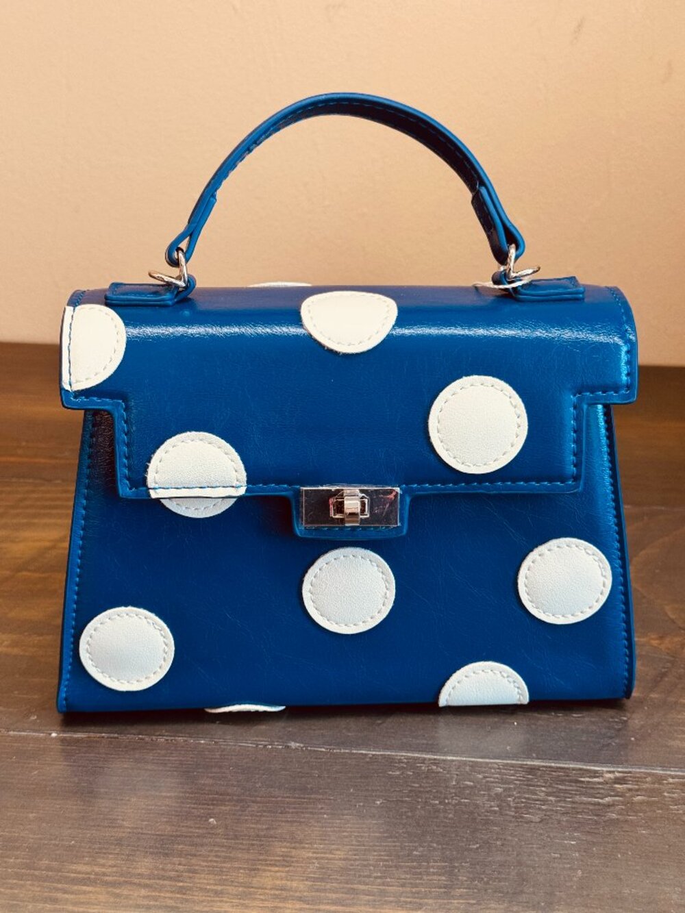 NWOT Melie Bianco Maisel Top-Handle Bag in Blue with White Dots - Picture 10 of 11